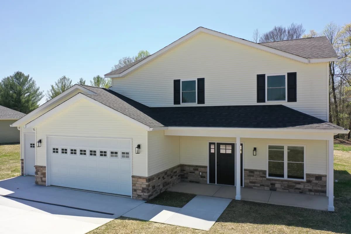 The Magnolia, a completed Four Oaks home in Spencer, Indiana, seen from the front.