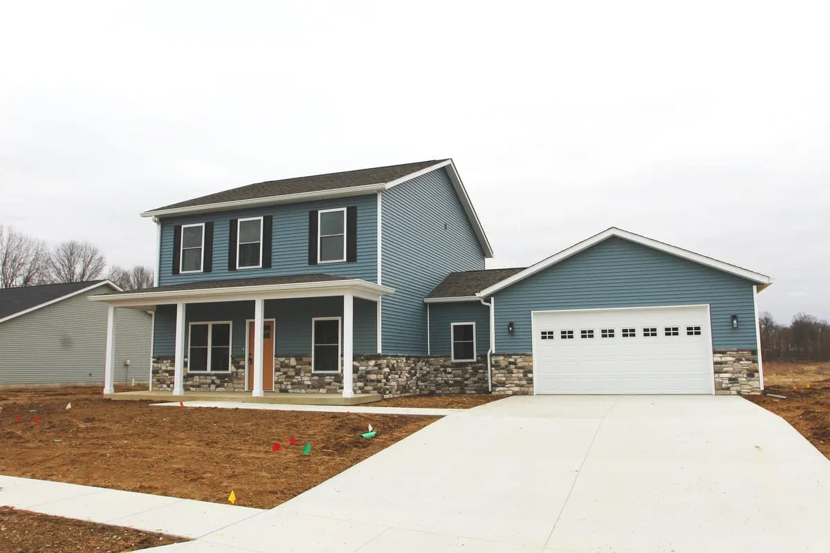 The Willow, a completed Four Oaks home in Spencer, Indiana, seen from the front.