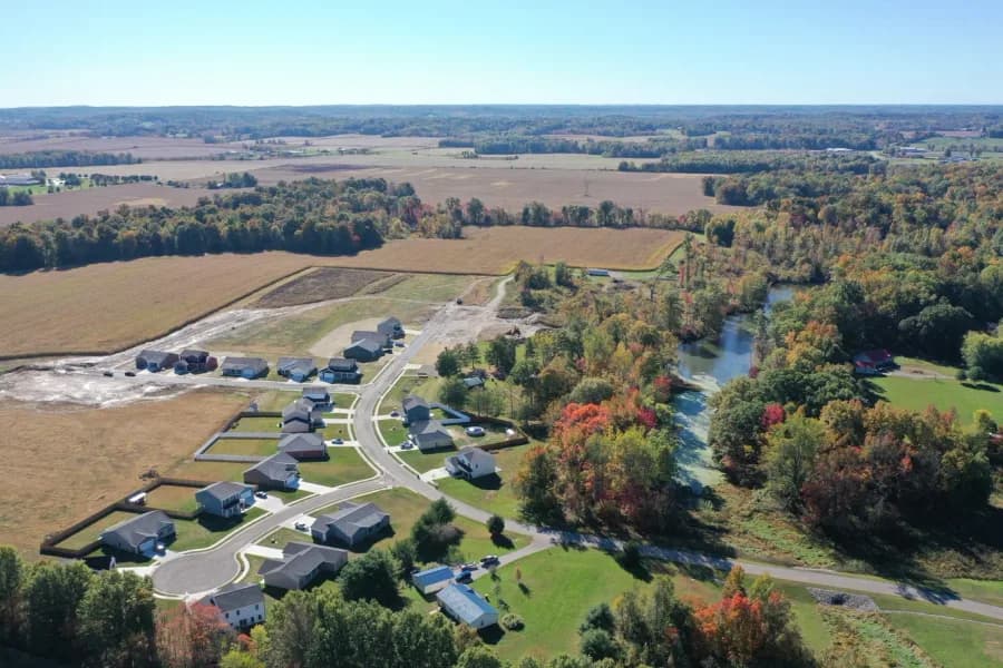 Autumn drone aerial over the Four Oaks neighborhood in Spencer, Indiana.