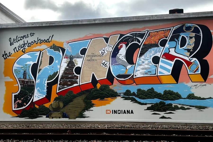 The painted welcome mural in downtown Spencer, Indiana.