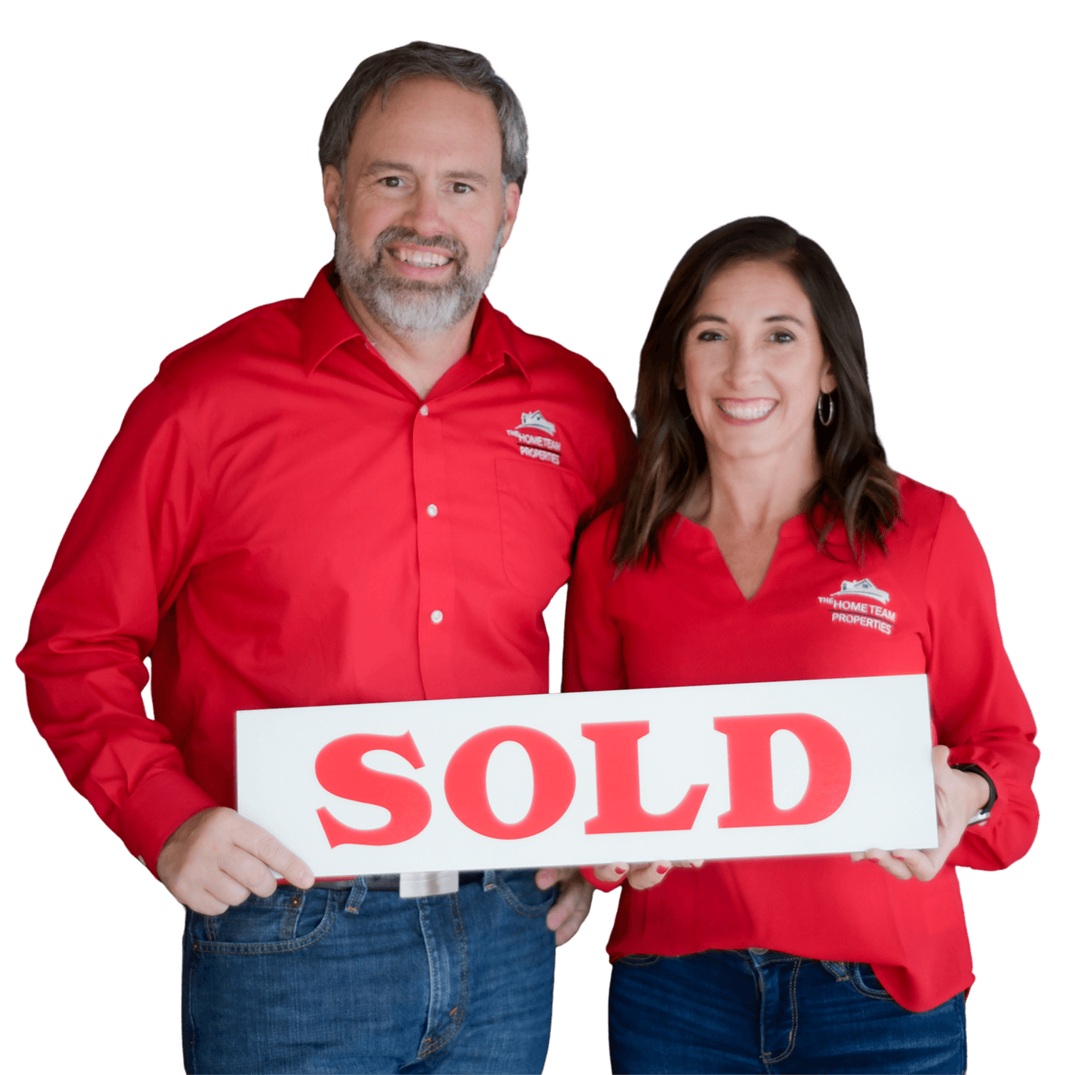 Rob Ranard and Samantha Carver holding a SOLD sign, cut out on a transparent background.
